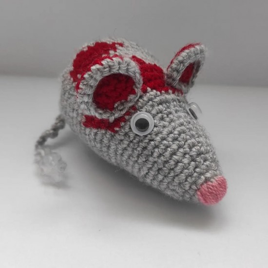 Fare Kedi Oyuncağı El Örgüsü Oyuncak Fare Gri Kırmızı