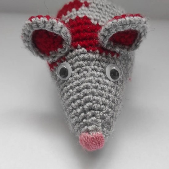 Fare Kedi Oyuncağı El Örgüsü Oyuncak Fare Gri Kırmızı